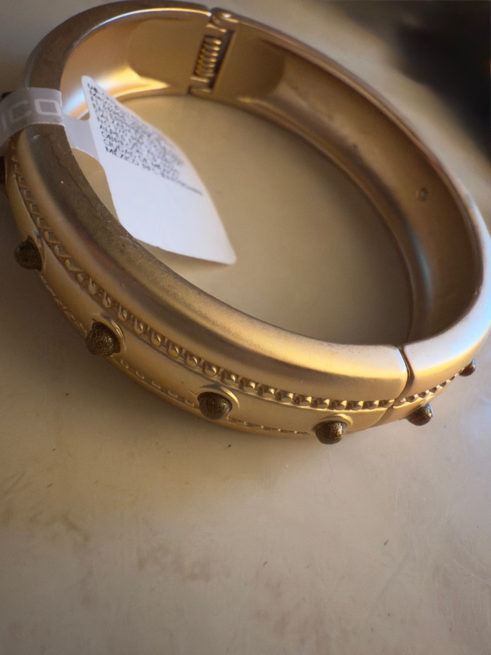 Chico's Goldtone Textured Matte Beaded Trim Hinged Bangle Cuff Bracelet NWT